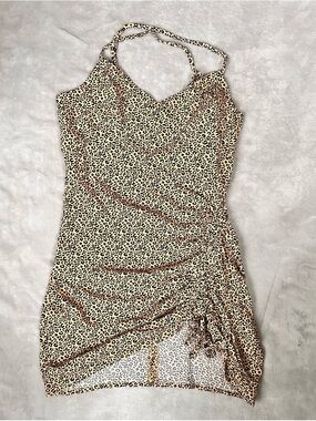 La Hearts Leopard Print Mini Dress - Beige and Black